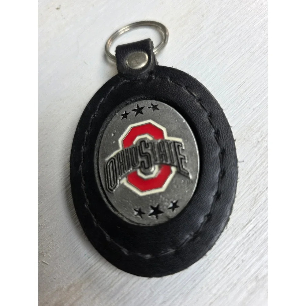 Ohio State Buckeyes Keychain Set Leather Fob and Carabiner Clip Grey Black Red